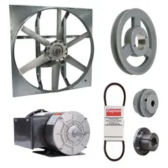 Unassembled belt-drive panel exhaust fan with drive package. Features a 30-inch blade, 2 hp motor, and 14,990 cfm airflow at 115/208-230V AC, single-phase. Zinc-plated steel frame with cast construction, totally enclosed fan-cooled motor with Class B insulation. Suitable for general ventilation in industrial and commercial spaces.