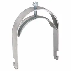 Galvanized steel conduit clamp with saddle for securing 3 in conduit to 1-5/8 in strut channels. Accommodates cable range 3.250 in to 3.500 in with 1/4 in-20 thread. Used in electrical installations for supporting conduit runs.