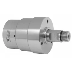Plain 304 stainless steel rotating joint for air service. Single passage, 3/8 in rotating shaft, maximum speed 2000 RPM, carbide seal material. Used to transfer air from a stationary supply to rotating machinery in pneumatic systems.