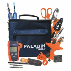 The PALADIN FTK-PP is a 13-piece fiber optic tool kit for stripping fiber optic cables. It includes a PA1511 Kevlar Cutter and a Visual Fault Locator (VFL) for locating faults and testing mechanical connectors. Used in field terminations and maintenance of fiber optic cable installations.