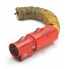 This axial blower and ducting combination unit delivers 778 cfm maximum flow in free air, powered by a 1/3 hp motor at 115 V AC. It includes a 25 ft duct with an 8 in diameter, suitable for ventilating confined spaces such as tanks, vaults, and manholes to remove fumes, dust, and stagnant air.