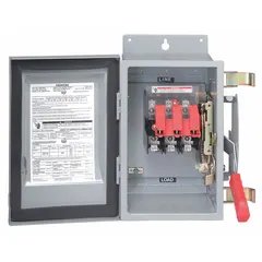 Fusible disconnect switch rated for 100 A and 600V AC, three-phase, indoor use with negative polarity. UL 98B certified. Suitable for isolating electrical circuits in commercial and industrial applications.