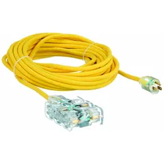 This outdoor extension cord features six outlets along a 50 ft length, with a NEMA 5-15P plug and 12/3 SJTOW wire in a yellow jacket. Rated for temperatures from -58° to 194°F, it is suited for power distribution in outdoor settings such as construction sites, landscaping, and temporary events.