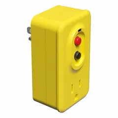 This plug-in GFCI provides ground fault circuit interruption with automatic reset. It features a NEMA 5-15P plug and a NEMA 5-15R receptacle, rated for 15 A at 125V AC. The yellow housing is suitable for use with power tools, pumps, and temporary power distribution in industrial and commercial environments.