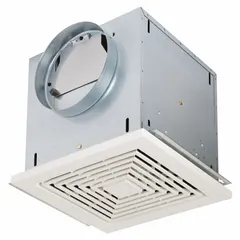 Standard commercial ceiling exhaust fan with variable speed control. Operates at 1.3 sones for quiet ventilation. Round duct connection with white plastic grille. Suitable for general ventilation in commercial spaces.