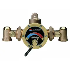 Thermostatic mixing valve for blending steam and cold water. Features NBR seal material and 1 1/4 in x 1 1/2 in connection size. Used in applications requiring controlled mixed-water temperature, such as industrial process heating and washdown stations.