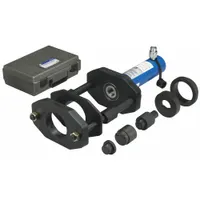 This 2-piece steel suspension bushing tool kit is designed for heavy-duty vehicles. It includes a 25-ton cylinder and measures 36 in x 24 in x 18 in. Used for servicing Hendrickson heavy-duty rear suspension bushings