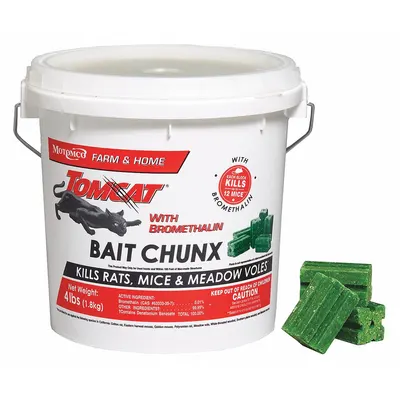 TOMCAT Rodenticide: Pail, 4 lb Container Size, Bromethalin, Blocks, 2 in Overall Ht - Rodenticides