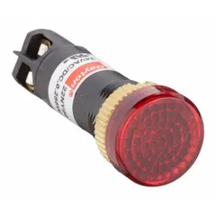 LED pilot light with raised head design for panel-mount applications. Features a 12 mm mounting hole diameter and M2.5 screw electrical connection. Used on industrial control panels and machinery to indicate power status or operational conditions.