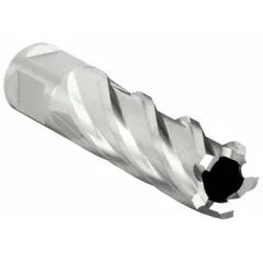 This high-speed steel annular cutter features a bright finish and a 25/32 in cutter diameter with a 2 in maximum cutting depth. Designed for use with magnetic drill presses, it is suited for general cutting applications in metal fabrication and maintenance tasks.