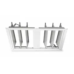Horizontal-mount backdraft damper for ceiling or roof installations. Single-panel aluminum construction with dimensions 36 in width, 37 3/4 in height, and 1 3/8 in depth. Designed for horizontal airflow at velocities up to 1500 fpm, preventing reverse airflow when the fan is off.