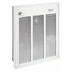 DAYTON Recessed Electric Wall-Mount Heater: 1500 W/3000 W/2000 W/4000 W, 208/240V AC, Single Phase. Key specifications — Grille Color: White; Programming Capability: Non-Programmable; Wattage Output: 1500 W/3000 W; Voltage, Phase: 208/240V AC, 1-phase; Rough-In Dimensions - H x W x D: 18-1/4 in x 14-5/8 in x 3-7/8 in; Nominal Voltage - HVAC: 240V AC; Brand: DAYTON; Phase: Single.