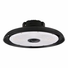 Round LED bay light for high-bay applications with mounting heights of 15 to 40 feet. Operates on 120 to 347V AC and provides 5000K color temperature. Designed to replace 175 to 450W HID fixtures.