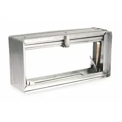 Rectangular fire damper with curtain blade type and spring closure, designed for horizontal mounting. Constructed from galvanized steel. Used in HVAC ductwork to automatically seal and prevent fire and smoke spread when activated by heat. Dimensions: 11 3/4 in width, 7 3/4 in height, 3 3/4 in length.