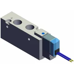 Five-way, two-position solenoid air control valve from the SYJ7000 series. Single solenoid operator with 24V DC coil. Aluminum body with five ports. Used for directional control of compressed air in pneumatic actuation systems.