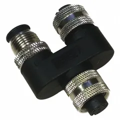 M12 to M12 plug Y-style T-coupler with IP65 rating. Constructed from TPU material. Current rating 2 A to 4 A. Used to split or combine M12 signals in industrial automation and sensor networks.