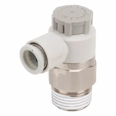 SMC Speed Control Valve: Elbow Fitting, Knob, 1/4 in/1/8 in Valve Body Size - Elbow-Style Speed Control Valves