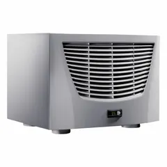Roof-mount heat exchanger for indoor dust-tight environments. Provides cooling only, operating at 115 V. Suitable for removing heat from electrical enclosures in industrial settings where airborne dust is present.