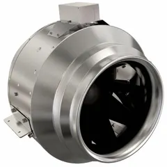 This inline duct fan is designed for general-purpose ventilation in commercial and industrial HVAC systems. It moves air through 16-inch ducts with a maximum airflow over 1,500 cfm, suitable for exhaust, supply, or air circulation. The fan features a single-speed, standard-efficiency motor, is speed controllable, and includes mounting brackets. Construction is galvanized steel with an IP54 rating.