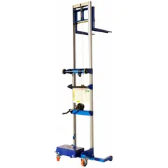 Counterbalanced stacker with 400 lb capacity. Features fixed invertible forks measuring 22 1/2 in L x 4 1/8 in W, with a width across forks of 20.5 in. Cable-operated. Used for lifting and moving palletized loads in warehouses and industrial facilities.