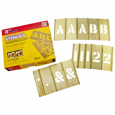 C.H. HANSON Stencil Set: 0 to 9/Ampersand (&)/A to Z/Dash (-)/Dollar Sign ($)/Period (.) - Brass Interlocking Stencil Sets