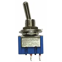 SPST toggle switch with Off/On function, silver actuator, and blue stem. Features 2 connections and 3/15 in male terminals for panel-mount installation. Suitable for simple on/off control in automotive electrical circuits, such as battery disconnects, auxiliary lighting, or accessory power in 12V or 24V DC systems