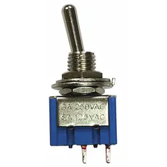 SPST toggle switch with Off/On function, silver actuator, and blue stem. Features 2 connections and 3/15 in male terminals for panel-mount installation. Suitable for simple on/off control in automotive electrical circuits, such as battery disconnects, auxiliary lighting, or accessory power in 12V or 24V DC systems.