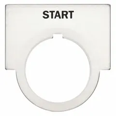 Half-round legend plate with 30 mm panel mounting size, 1 1/2 in overall height by 2 in overall width. Metallic aluminum construction with tab attachment. Yellow 'Start' legend in English on gray background for clear function identification in industrial control stations.