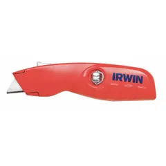 This automatic retracting utility knife features an aluminum body with a red finish. The blade retracts automatically when not in use, enhancing safety during cutting tasks. Overall width is 1-1/2 inches. Blade replacement requires tools. Suitable for cutting packaging, tape, and strapping in warehouses and industrial settings.