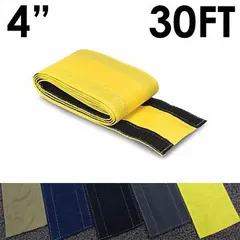 This 30-foot long, 4-inch wide cable floor cover is made of yellow nylon with a hook-and-loop closure for reusable installation. It is used to manage and protect cables across walkways or work areas, reducing trip hazards in industrial, commercial, or event settings.