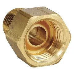 Brass inverted flare tube fitting with flared and threaded ends. Connects 1/4 in OD tubing to 1/8 in pipe thread ports. Thread size A is 7/16"-24. Meets SAE J512 standards. Supplied in a 10-pack.