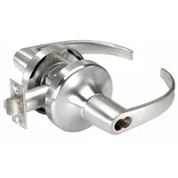 This office lever lockset features a satin chromium-plated heavy gauge steel finish in the Pacific Beach design. It is ADA compliant with an SFIC core and F109 function, suitable for commercial office doors requiring keyed access control