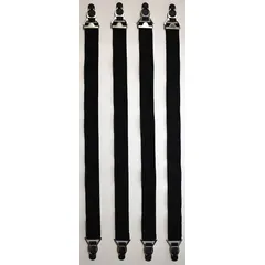 Set of four black elastic shirt stays with adjustable design to keep dress shirts tucked in. Suitable for professional, military, and formal attire use.