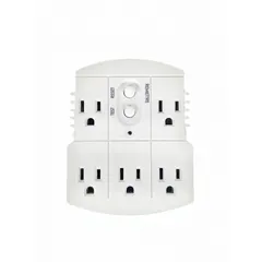 This plug-in GFCI provides ground-fault protection for cord-connected equipment. It features a NEMA 5-15P plug and a NEMA 5-15R receptacle, rated 15 A at 125V AC. The auto-reset function restores power automatically after a fault, suitable for applications requiring continuous operation. White housing.