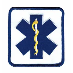 Embroidered emblem featuring a white Star of Life design on a 2 7/8 in x 3 1/8 in polyester/rayon patch. Designed for shoulder placement on uniforms. Commonly used to identify emergency medical services personnel.