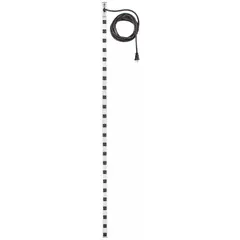 Industrial power strip with 24 outlets, 15 ft cord, and 20 A rating. UL 1363 listed, gray housing, 5-20P plug, and clip mounting for secure attachment to racks or panels. Width 1 1/2 in.