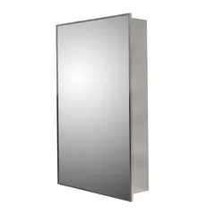 Wall-mounted mirrored medicine cabinet with a glass mirror and a stainless steel frame in a Bright Annealed silver finish. Overall height is 30 inches and overall width is 18 inches. Non-lighted design suitable for bathroom storage and grooming in residential or light commercial settings.