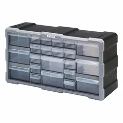 This stackable plastic drawer cabinet features 22 clear polypropylene drawers for organizing small parts. The heavy-duty black polypropylene construction includes (14) 5-1/2 in x 2 in x 1-1/4 in bins. Suitable for workshops, garages, and industrial facilities where visual identification of components is needed.