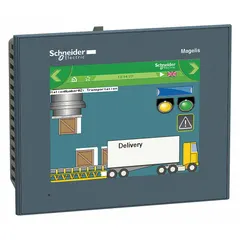 5.7-inch TFT color LCD resistive touch panel for industrial human-machine interface applications. Operates on 24V DC power. Enables operator monitoring and control of machinery and automation processes.