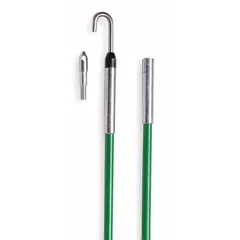 This 12-foot fish stick set includes a single hook tip and a bullet nose tip, with a 4-foot section and 1/4-inch rod diameter. Used for pulling cables through walls, ceilings, and conduit runs in electrical and low-voltage installations.