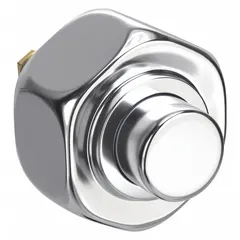 Chrome push button assembly for urinal flush valves. Compatible with MOEN M-Power series. Provides manual flush activation in commercial restroom applications.