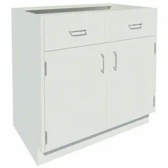 Steel base cabinet with a 42-inch width, 22-inch depth, and 35-1/8-inch height. Includes 2 drawers and 1 shelf for organized storage of tools, parts, and equipment in industrial workshops, warehouses, and maintenance facilities.
