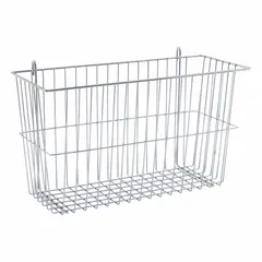 Steel basket with chrome finish, silver color, designed to snap onto wire shelving. Measures 17 3/8 in x 7 1/2 in x 10 in, supports 20 lb. Used for organizing small items in commercial kitchens, warehouses, and retail settings.