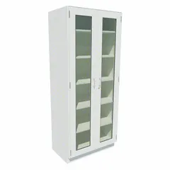 Wall-mounted tall cabinet constructed from glass and steel. Overall dimensions: 7 ft height, 22 in depth, 4 ft width. Equipped with 5 shelves and no drawers. Suitable for storage in industrial facilities, workshops, and warehouses.