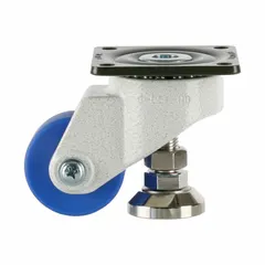 This leveling plate caster features a 63 mm nylon tread wheel and a white frame. With a mounting height of 98 mm and a load capacity of 1,102 lb, it is suited for medium-duty applications such as industrial equipment, material handling carts, and workstations.