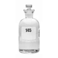 Colorless glass BOD bottle with narrow mouth and robotic stopper closure. 300 mL capacity, 165 mm height. Complies with ASTM/USP standards. Used for biochemical oxygen demand testing in water and wastewater analysis.