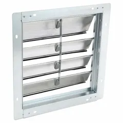 This wall-mount backdraft damper is designed to prevent reverse airflow in ventilation systems. It features a single-panel, flat blade construction with a 17-inch height and width, and 2 1/4-inch depth. The damper mounts vertically and directs airflow horizontally, supporting a maximum air velocity of 2000 fpm.