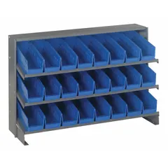 Steel frame pick rack in gray with 24 blue open-front bins. Bins measure 6 in x 4-1/8 in x 11-5/8 in, arranged on 3 shelves with 1 usable side. Suitable for organizing small parts in workstations, warehouses, and assembly areas.