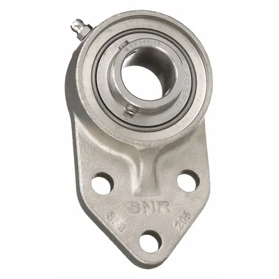 NTN 3 Bolt Flange Bearing: Radial Ball, 30 mm Bore, SS, Set Screws, 79.5 mm Lg - Food-Grade Flange-Mount Ball Bearings