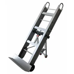 This dual-loop hand truck features a silver aluminum frame and tread-on-core wheels. With a 61-inch handle height, it is designed for moving appliances, heavy boxes, and equipment in warehouses, retail, and delivery settings.